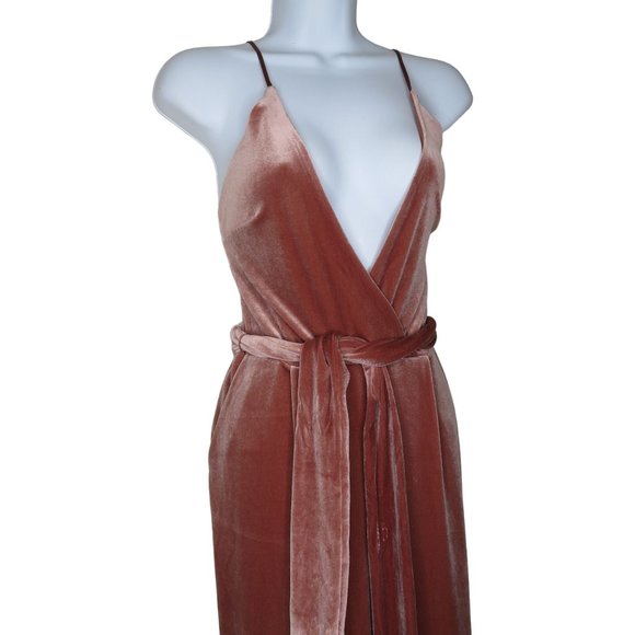 Vintage EXPRESS Velour Jumpsuit XS Pink Deep V Strappy Belted Pockets Back Zip - Picture 5 of 10